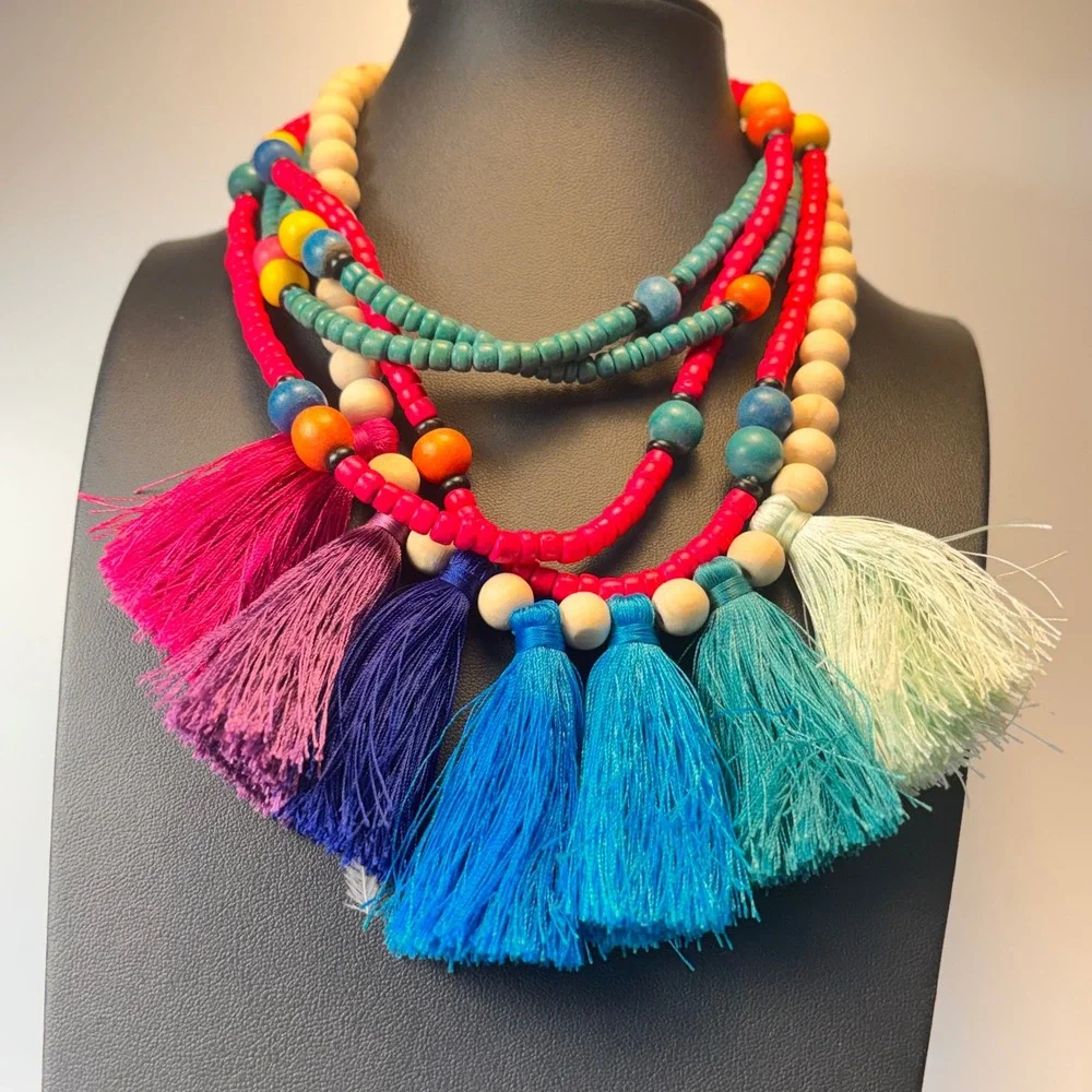 Wooden Bead Necklace Set Multicolor Tassel Boho Statement Layered 3pcs